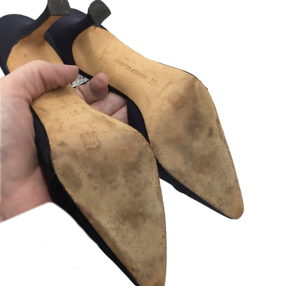 Manolo Blahnik Black Fabric Pumps w/Heel Strap 37 - Picture 5 of 5